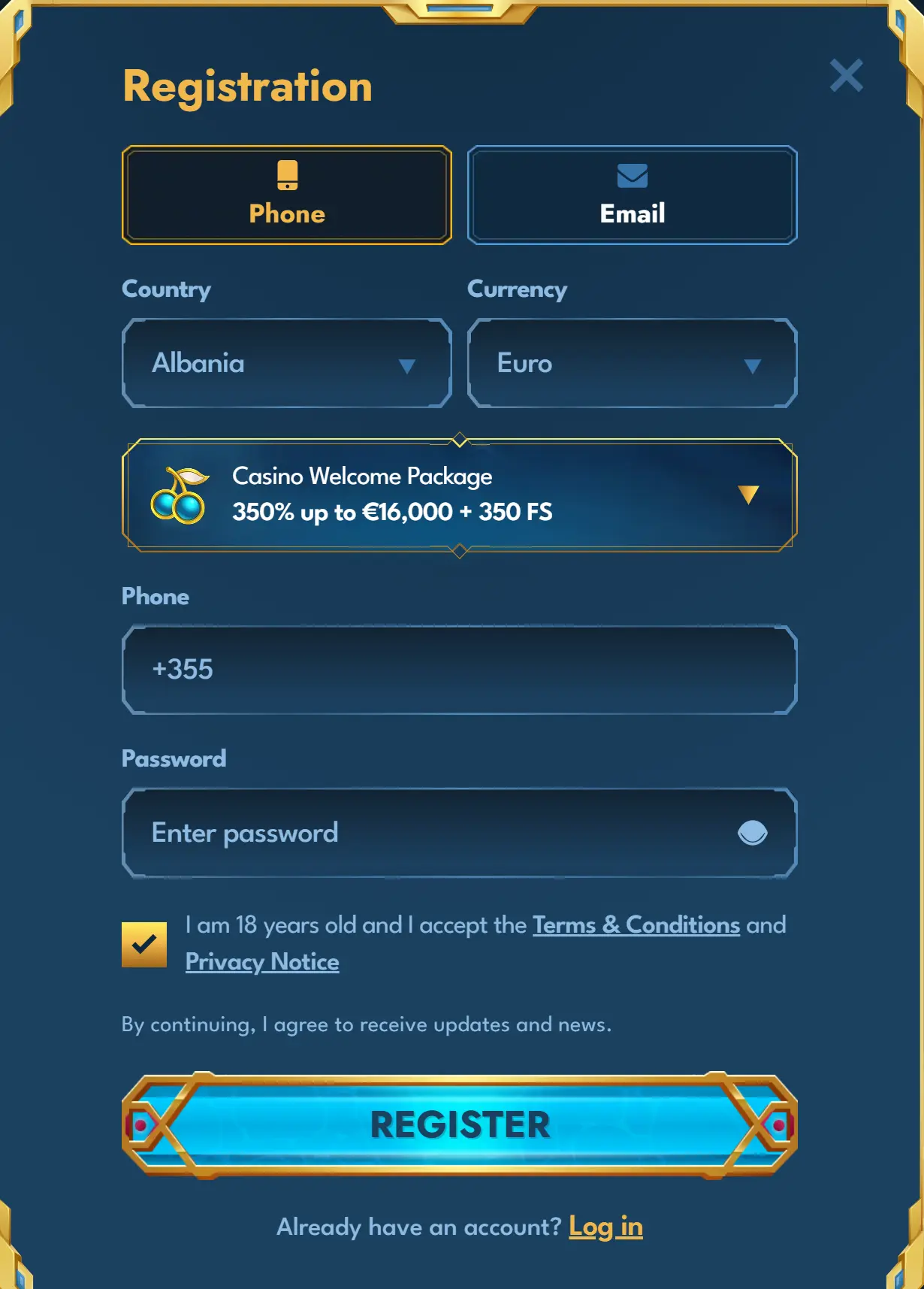 Casea casino welcome package screenshot