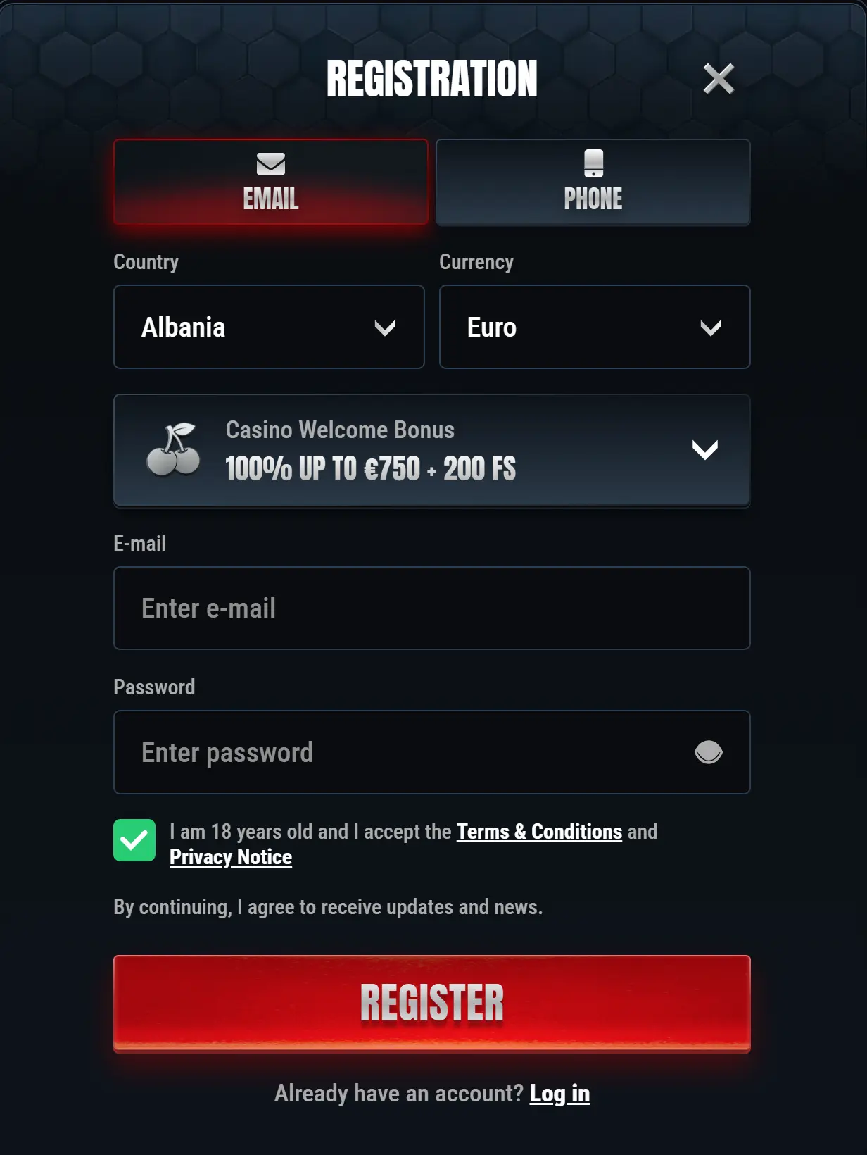 Glorion registrační bonus screenshot